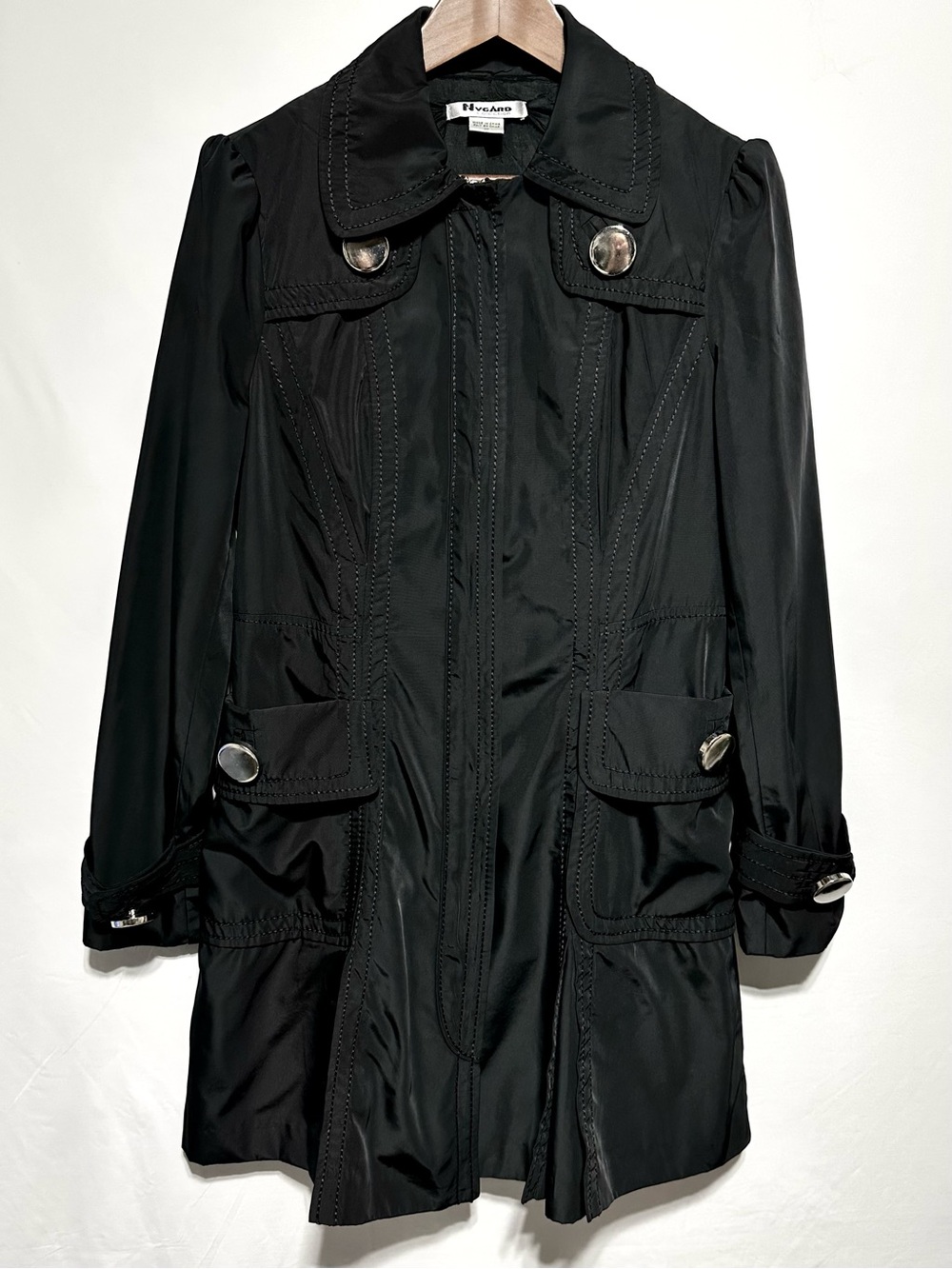 Nygard Collection Black Long Trench Coat Silver Buttons Puff Sleeve US 10